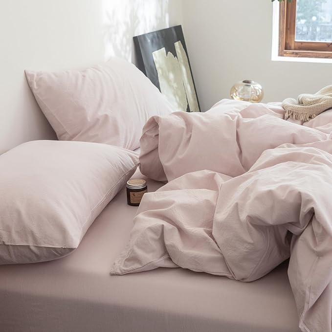 FOSSA Duvet Cover Set 100% Washed Cotton Linen Feel Super Soft Breathable Cozy 3 Pieces Bedding Sets Solid Greyish Pink Full/Double