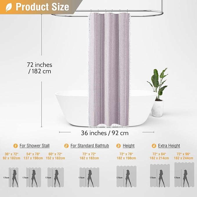 BTTN Boho Shower Stall Curtain - 36x72 Narrow Linen Thick Striped Tassel Fabric Shower Curtain Set with 6 Hooks, Half Modern Farmhouse Cottage Decorative Cloth Shower Curtains for Bathroom - Lavender