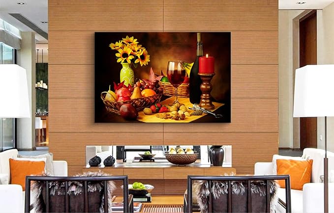 Sunflower Wall Art Wine Kitchen Decor Fruits Basket Poster Food Art Fruit Canvas for Dining Room Kitchen Bar Ready to Hang (28''H x 40''W)