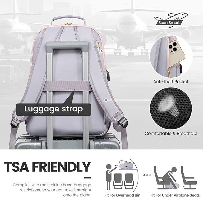 LOVEVOOK Laptop Backpack for Women 15.6 inch,Cute Travel Carry on Backpack Purse,Professional Computer Bag,Waterproof Work Business College Teacher Bag with USB Port,Grey Pink