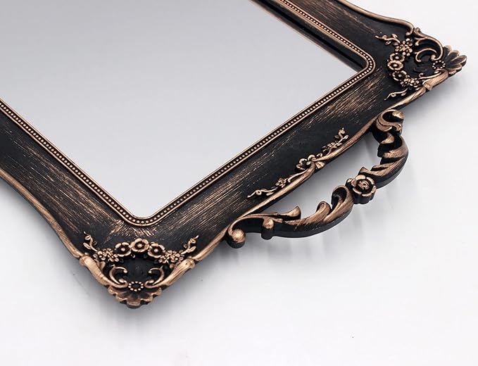 Antique Decorative Gold Framed Square Mirror Tray, Jewelry & Cosmetics Organizer for Dresser, Square - 9.5" W x 14.5" L (Bronze)
