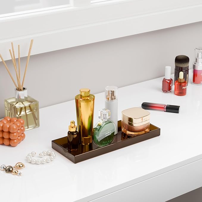 11" x 4.3" Bathroom Vanity Tray Acrylic Decorative Counter Organizer for Soap Dispenser, Perfume, Candle, Makeup - Rectangle Tray for Sink, Toilet Tank, Dresser Home Decor, Small Brown