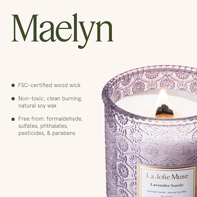 LA JOLIE MUSE Lavender Candle, 19 oz Wood Wicked Candles for Home Scented, Large Soy Candles for Women, 90 Hours Long Burning, Lavender Suede