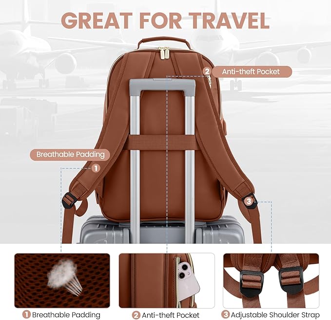 LOVEVOOK Leather Backpacks for Women,15.6 inch Leather Laptop Backpack Women Computer Backpack Laptop Bag,Stylish Quilted Travel Backpack Purse Work Bag College Teacher Backpacks with USB Port,Brown