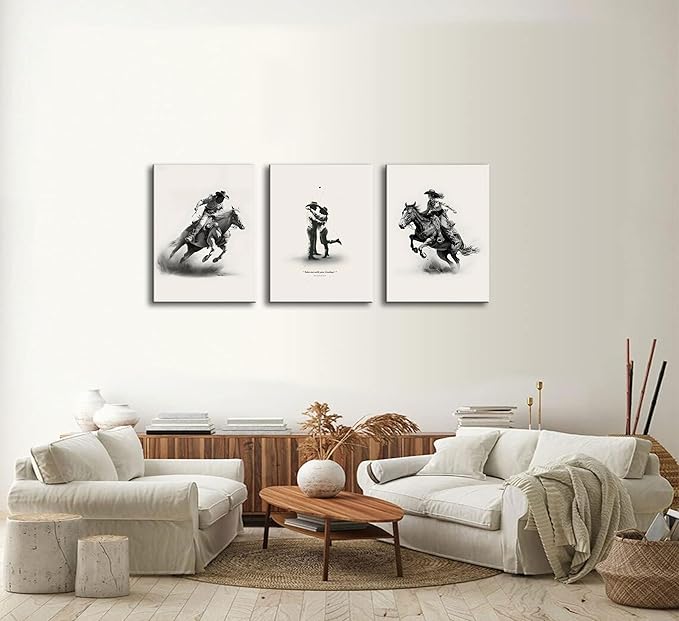 3Pcs Framed male cowboy and Cowgirl Canvas Wall Art Western Eclectic Wall Decor Pictures Wild West Prints Posters Rodeo Paintings of Western and Southwestern Decor Lovers ready to hang