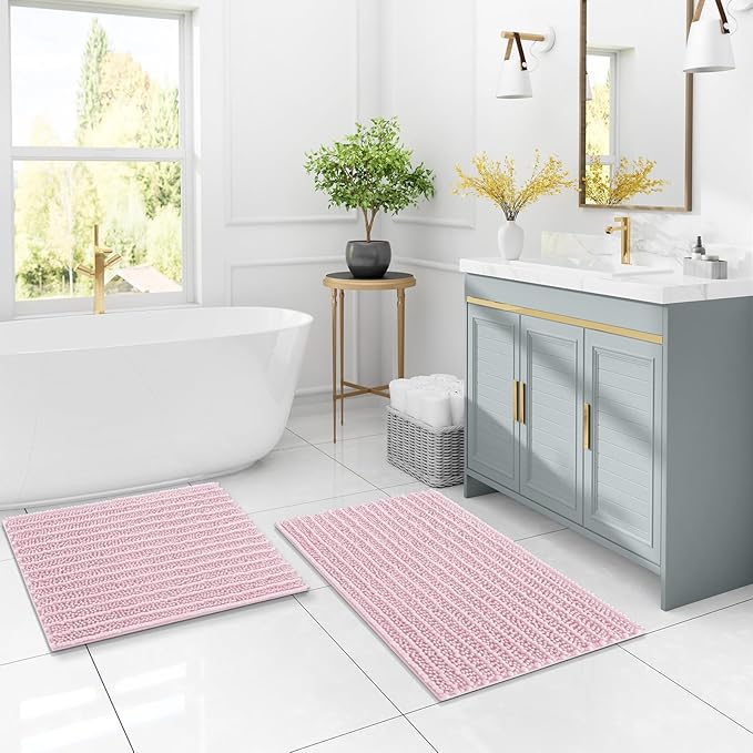 Arotive Luxury Chenille Bathroom Rug Mat, Extra Soft Thick Absorbent Shaggy Bath Rugs, Non-Slip Machine Wash Dry, Plush Bath Mats for Bathroom, Shower and Tub, 54x24, Pink