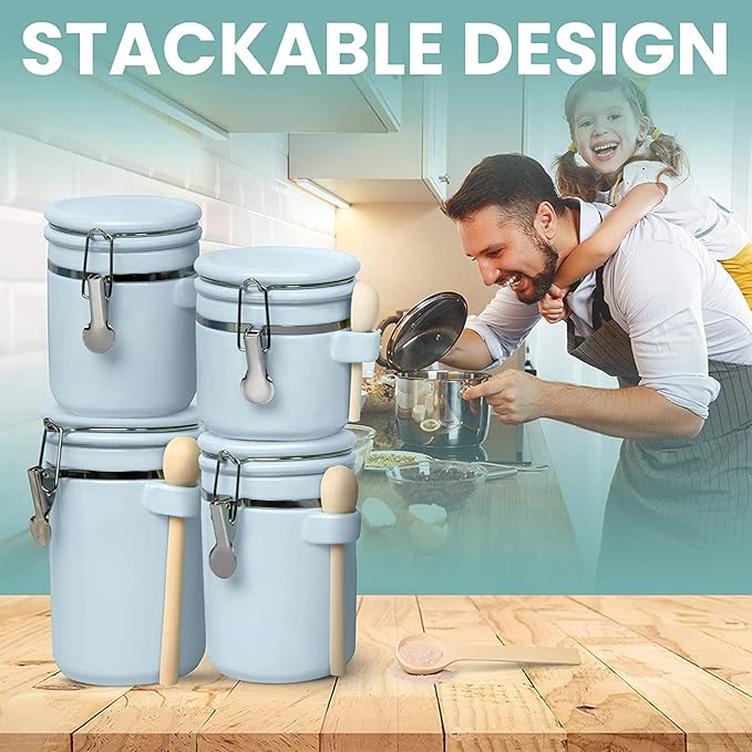 Home Intuition 4-Piece Ceramic Kitchen Canisters Set, Airtight Containers with Wooden Spoons Reusable Chalk Labels and Marker for Sugar, Coffee, Flour, Tea (Light Blue)