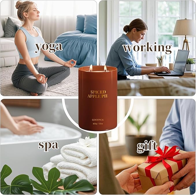 Goodpick Candle Spiced Apple Pie, Fall Candles for Home Scented, 22oz Soy Wax, Warm Cinnamon 120hrs, Cozy Baking Gift