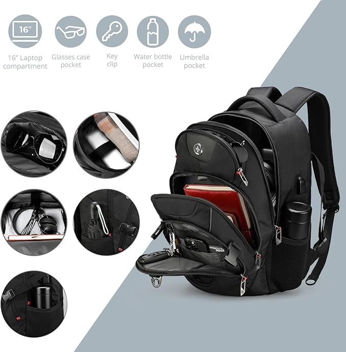 Swissdigital Design Travel Backpack for Men with Apple Find My, Laptop Backpack with USB Charging Port, RFID Protection, Add-A-Bag System - Travel Backpack for Men-Finder Color Random