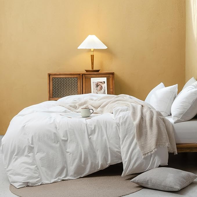 FOSSA White Duvet Cover Set, 100% Washed Cotton Linen Feel Super Soft Breathable Cozy 3 Pieces Bedding Sets Solid Off White Twin