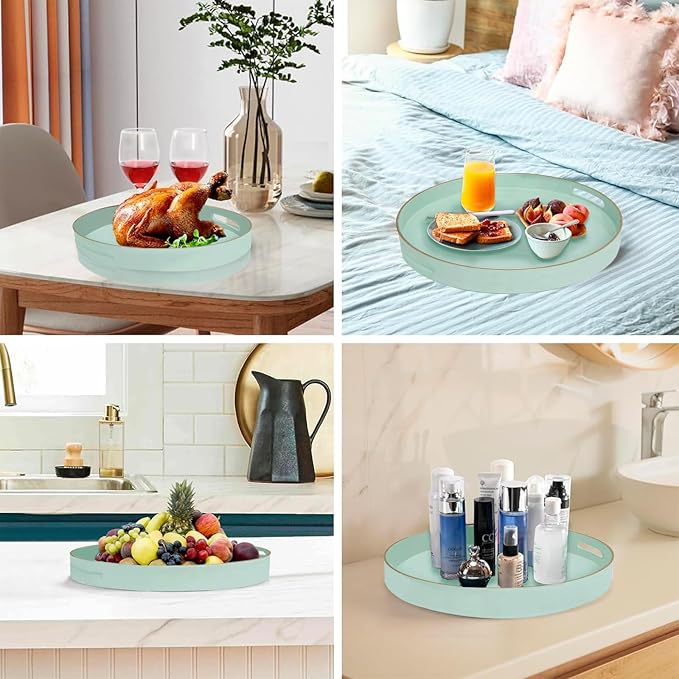 Mint Green Round Serving Tray with Handles,13" Decorative Ottoman Coffee Table for Perfume,Living Room,Home Decor