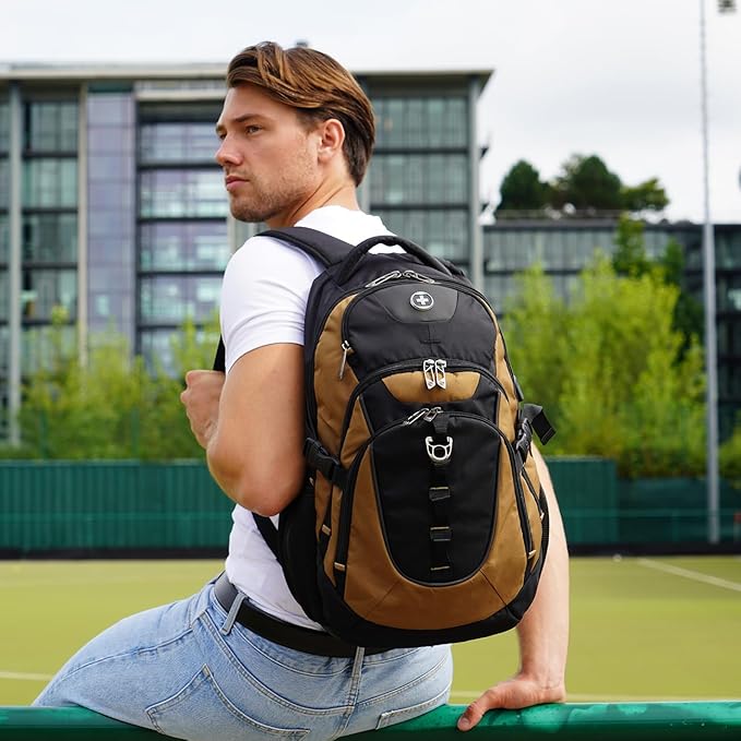 Swissdigital Design Laptop Backpack with USB Charging Port, Travel Backpack Fits 15.6 inches Computer, 31L College School Backpack for Men, Tan/Black | SD803