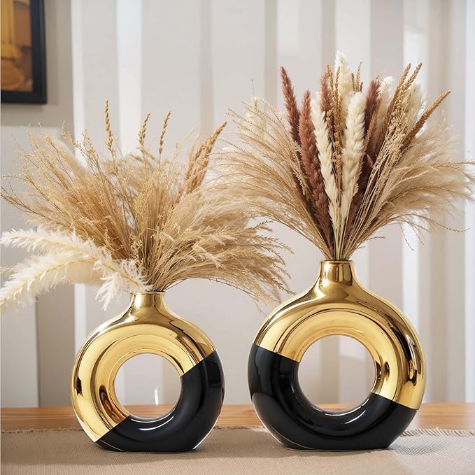 Black and Gold Ceramic Vase Set of 2,Round Donut Hollow Flower Vases for Home Decor Accents,Modern Minimalist Centerpiece Table Decorations,Wedding,Living Room,Bookshelf,Office,Entryway