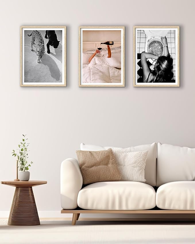 EcoHest Woman Drinking Wine in Bed Framed Wall Art, 12x16 in OAK Wood Feminist Alcohol Canvas Art, Trendy Teen Girl Bar Cart Print College Room Decor, Beige Logs Set of 1 For Bedroom Living Room