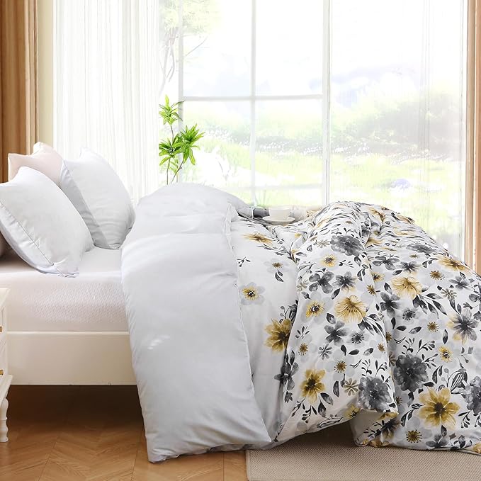 Duvet Cover King Size, Reversible Floral Vintage Duvet Cover Set with Zipper Closure, 3 Pieces Botanical Patterns Soft Microfiber Bedding Set (90"x104", 2 Pillow Cases 20"×36", Yellow Grey Flower)