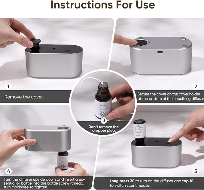 Waterless Diffuser for Essential Oil, Battery Operated Scent Air Aromatherapy Diffuser, Mini Aroma Diffusers with 3 Intermittent Mist Modes, Cycle Start for Home Office Bedroom - Silver