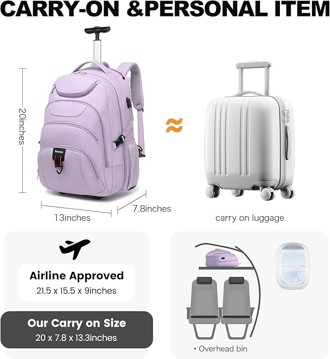 Boavan Rolling Backpack for Women, 17.3 Inch Wheeled Laptop Backpack,Large Travel CarryOn Bag for Teachers College Students, USB Charging Port Waterproof Business for Airplane Overnight Luggage,Purple