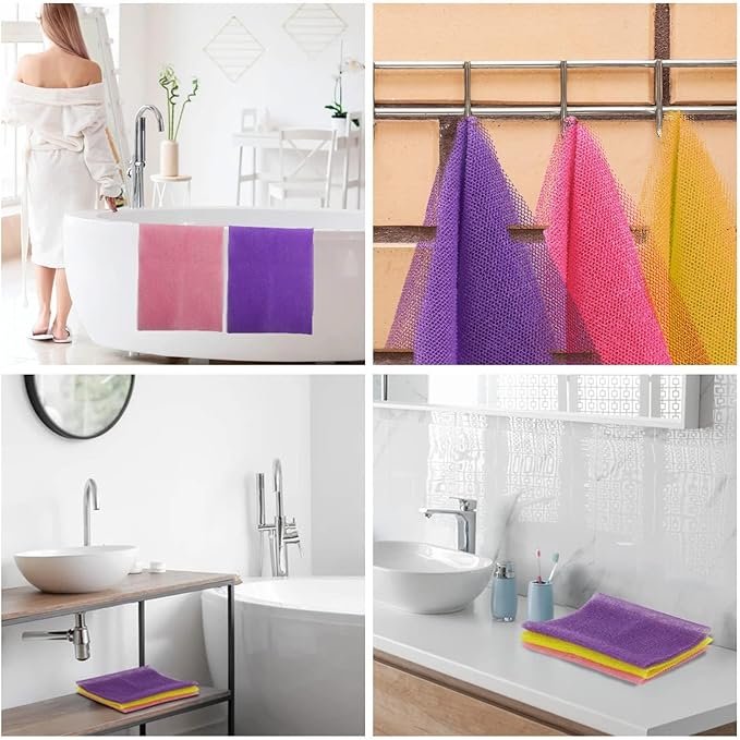 UJFQBH 3 Pieces African Bath Sponge African Net Long Net Bath Sponge Exfoliating Shower Body Scrubber Back Scrubber Skin Smoother,Great for Daily Use (Pink,Yellow,Purple)