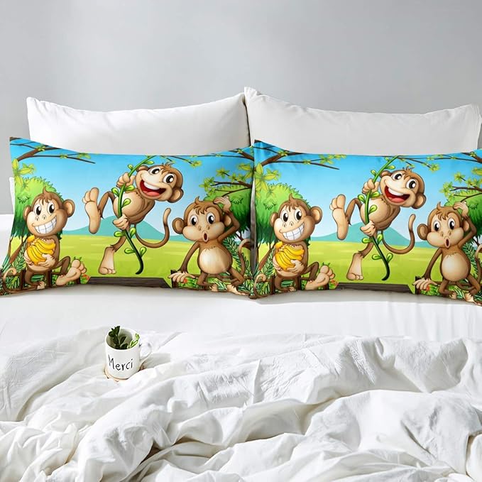 Feelyou Cute Monkey Comforter Cover Set Cartoon Animal Bedding Set for Kids Toddler 1 Duvet Cover +1 Pillowcase Twin Size