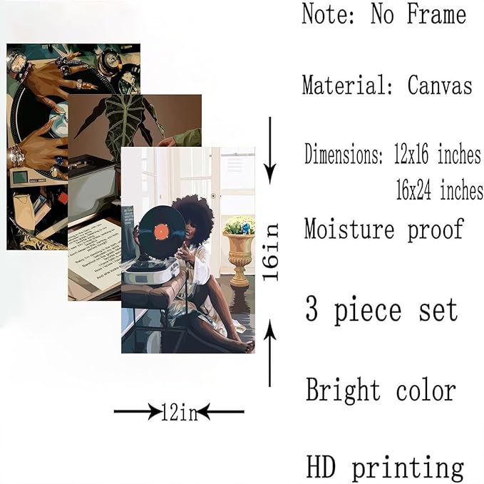 3Pcs Black Woman Art Poster African American Women Canvas Wall Art Funky Black Girl Record Music Posters prints for Modern Black Woman Bedroom Home Decoration 16x24in Unframed