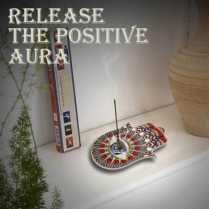 Ceramic Hamsa Hand Incense Holder - 2 in 1 Brass Incense Holder for Sticks and Coil Incense- Zen Decor with Hand of Fatima Design Protection from Evil - 6.2" L X 4.5" W (red)