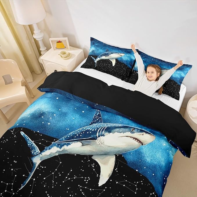 Shark Comforter Cover Galaxy Constellation Duvet Cover Set Queen Size,Mysterious Outer Space Bedding Set for Boys Girls Bedroom Decoration,Modern Fashion Starry Sky Theme Quilt Cover
