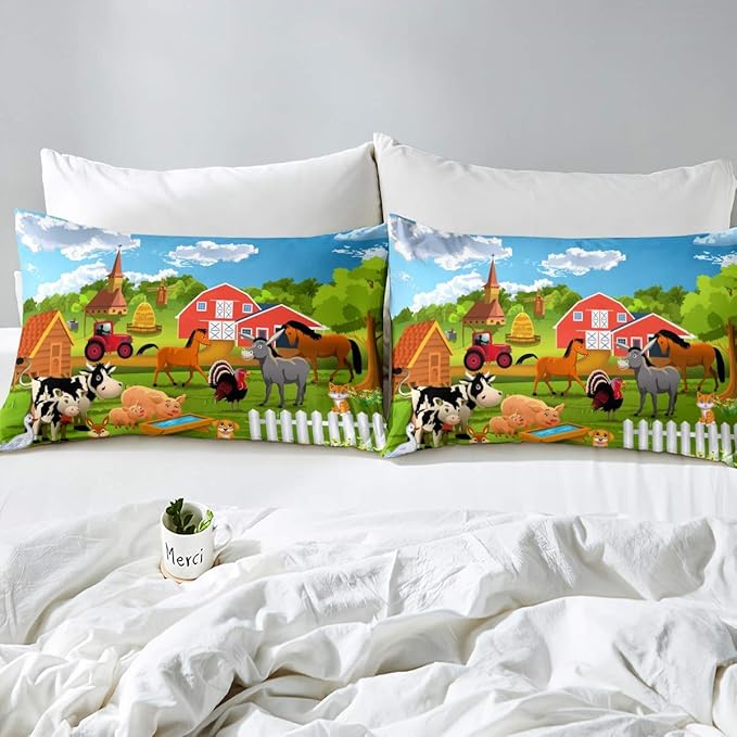 Feelyou Kids Bedding Set Cartoon Farmhouse Duvet Cover Set Cute Farm Animal Boys Girls Toddler Comforter Cover Country Style Quilt Cover with 2 Pillowcases Queen Size