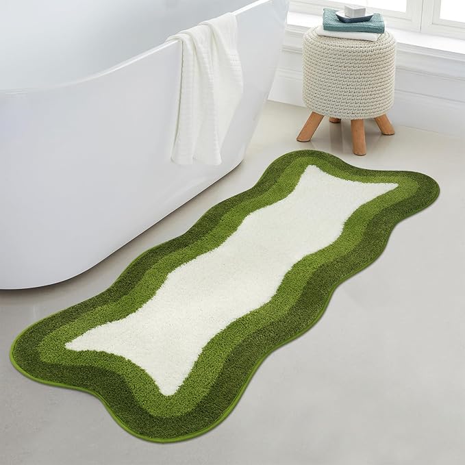 HAOCOO Bathroom Rugs Runner 18x47 inch, Non Slip Soft Green Rug Irregular Shape Bathroom Mats, Washable Absorbent Long Bathroom Rugs for Bedroom Aesthetic Bathtub Sink Shower