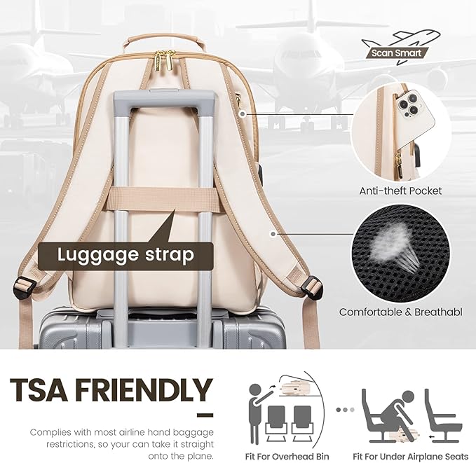 LOVEVOOK Laptop Backpack for Women 15.6 inch,Cute Womens Travel Backpack Purse,Professional Laptop Computer Bag,Waterproof Work Business College Teacher Bags Carry on Backpack with USB Port,Off-white