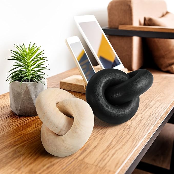 Wood Chain Decor, 2-Link Decorative Chain Hand Carved Boho Wood Knot Decor for Bookshelf Desk Living Room Coffee Table Farmhouse Ornament (Black)