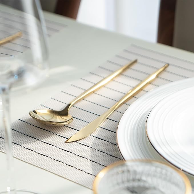 Placemats Set of 8 Vinyl/Plastic Woven Place Mats for Kitchen Table Indoor/Outdoor Washable Placemat Wipeable Dining Table Mats (White Stripes,8)