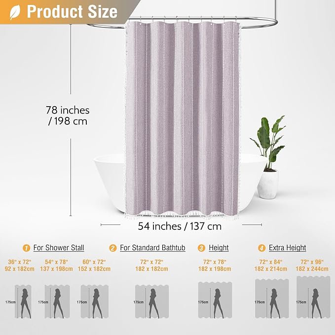BTTN Stall Fabric Shower Curtain - 54x78 Boho Striped Linen Heavy Duty Tassel Shower Curtain Set with 10 Hooks, Narrow Rustic Modern Farmhouse Bohemian Cloth Shower Curtains for Bathroom - Lavender