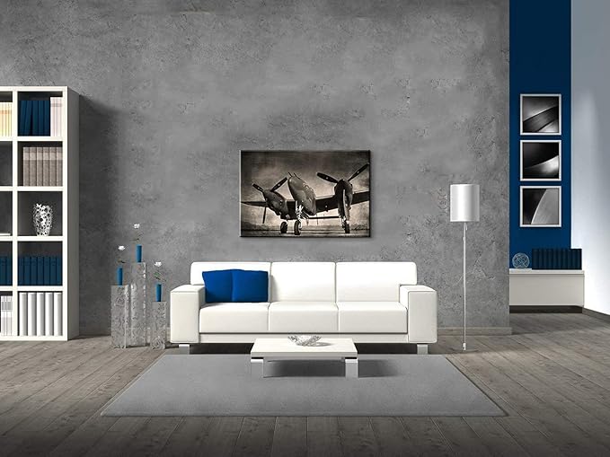 Black and White Twin Engine Airplane Canvas Wall Art - Aviation Decor Propeller Wall Decor - Airplane Art Posters and Gifts for Home - Ready to Hang (28''Hx40''W)