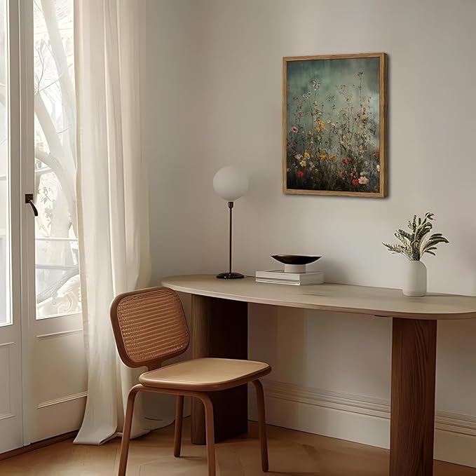 Vintage Wildflower Wall Art, Green Flower Wall Decor Painting, Hand Drawn Sandstone 3D Textured Farmhouse Botanical Nature Landscape Artwork for Living Room Bedroom 12x16 inch Wood Framed