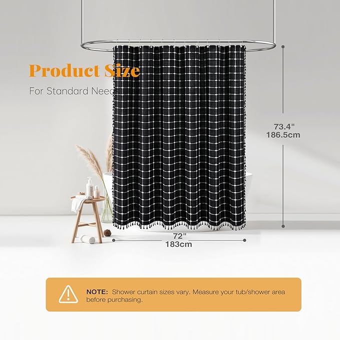 BTTN Boho Farmhouse Shower Curtain, Linen Heavy Duty Fabric Shower Curtain Set with Tassel, Water Repellent, Bohemian Vintage Country Polyester Shower Curtains for Bathroom, Black and White, 72x72