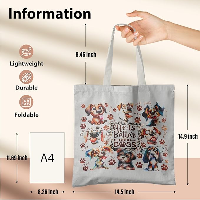 Dog Mom Canvas Tote Bags - Reusable Grocery Bags for Shopping, Funny Dog Lover Gifts for Women