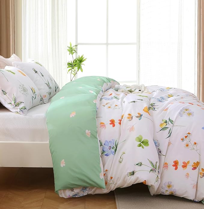 Duvet Cover Full Size, Reversible Floral Multicolor Duvet Cover Set with Zipper Closure, 3 Pieces Botanical Patterns Soft Microfiber Bedding Set with 4 Ties (80"x90", 2 Pillow Cases)