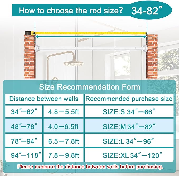 YNL Shower Curtain Rod 34-82 Inches (2.8-6.8ft) Adjustable Spring Shower Rod No Drilling, Non-Slip, Never Rust, Stainless Steel, Suitable for Bathroom Window Living room, White