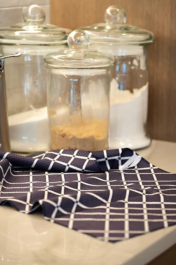 || Navy Blue and White 3 Pack|| Microfiber Waffle Weave || Dish Towels || || Tea Towels || Highly Absorbent || Hanging Loop || Dish Cloths ||Designer Prints (Navy)