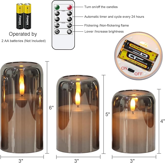 GenSwin Glass LED Candles with Remote Timer, Black Flameless Candles Battery Operated with Flickering Flame, Glass and Real Wax Pillar Candle for Halloween Christmas Home Decor(Set of 3, D3”x4”5”6”)