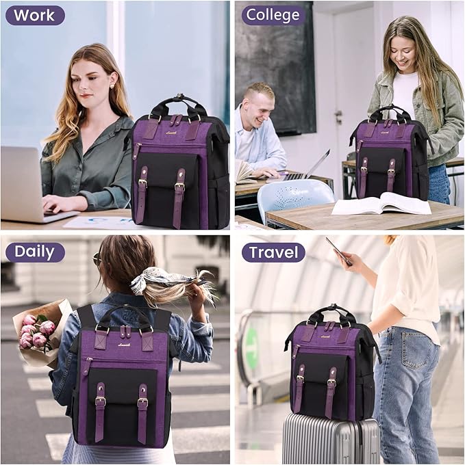 LOVEVOOK Backpack for Women, Teacher Work Bag Laptop Backpack, Nurse Bags Business Laptop Bag, College Backpack Purse, Travel Back Pack, 15.6 Inch, Black-Purple