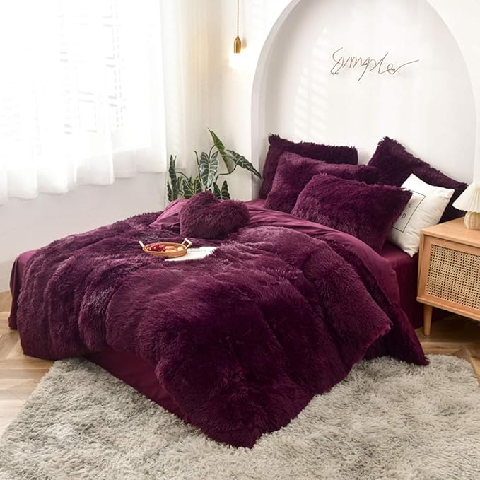 MorroMorn 5 PCS Shaggy Duvet Cover Bedding Set - Fluffy Comforter Cover Long Faux Fur Luxury Ultra Soft Cozy (Maroon, King/California King)