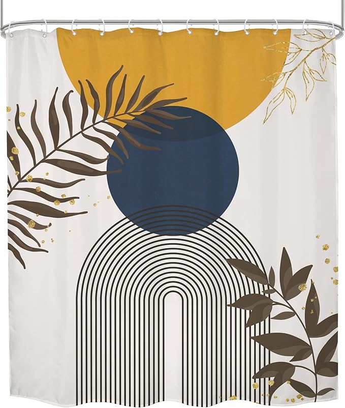 Navy Blue Yellow Boho Shower Curtain Modern Mid Century Abstract Gold Leaves Minimalist Vintage Plant Sun Bathroom Decor Geometric Arch 60Wx72H Bath Curtain Fabric Polyester 12 Pack Hooks