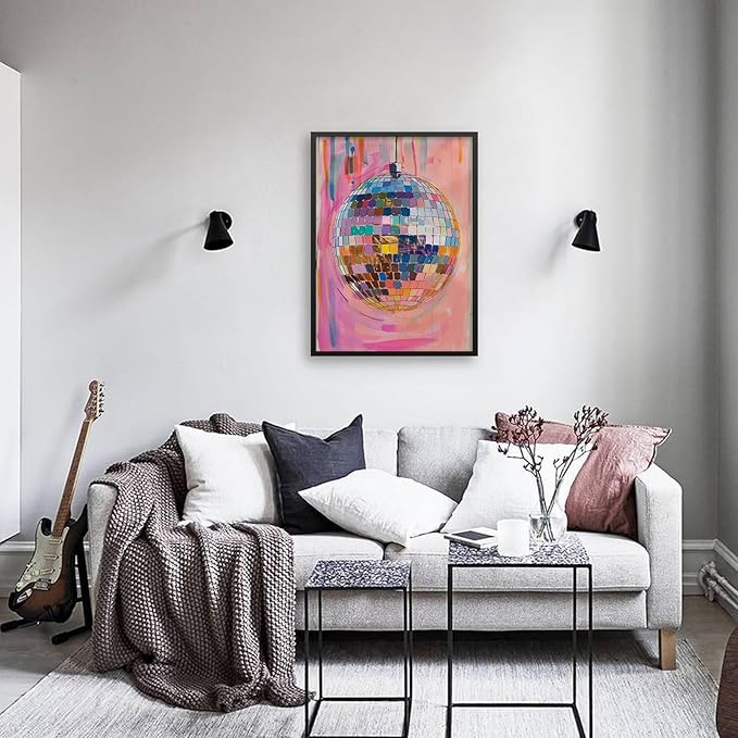 Sufeasdf Retro Modern Disco Ball Poster, 16.2" x 12.2", Aluminum Frame, Wrapped and Framed, Wall Mount, Smooth Finish, Indoor Use, Living Room, Bedroom, Office