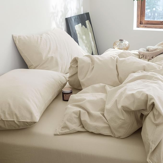 FOSSA Duvet Cover Set 100% Washed Cotton Linen Feel Super Soft Breathable Cozy 3 Pieces Bedding Sets Solid Almond Grey Oversized King Plus