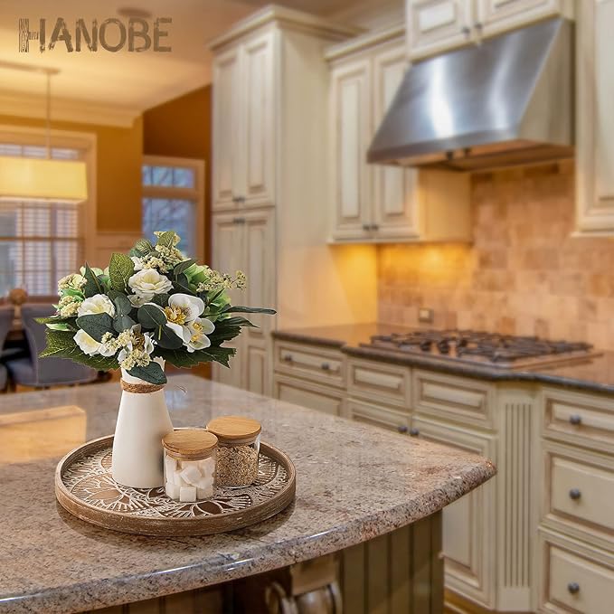 Hanobe Round Decorative Tray for Centerpiece: Boho Coffee Table Trays for Home Decor - Farmhouse Wood Serving Platter Rustic Circle Bohemian for Kitchen Counter Women