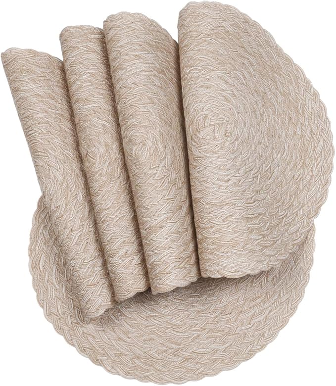 SHACOS Round Braided Placemats 15 inch Set of 6 Thick Boho Kitchen Table Placemats for Home Wedding Party (T-Beige, 6)