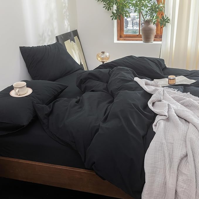 FOSSA Duvet Cover Set 100% Washed Cotton Linen Feel Super Soft Breathable Cozy 3 Pieces Bedding Sets Solid Black Oversized King