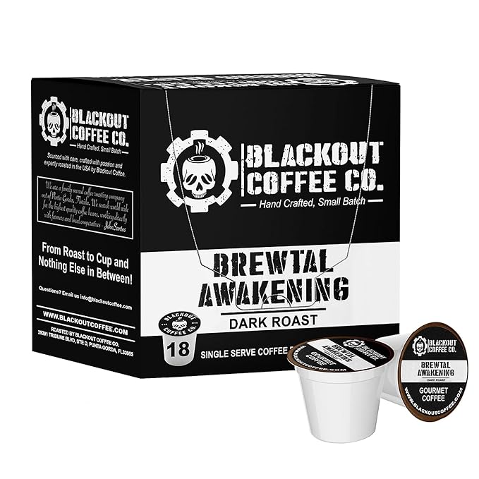 Blackout Coffee Brewtal Awakening Dark Roast Coffee – HIGH CAFFEINE, Bold & Strong, Fuel Your Mission – 18 Count K-Cup Pods, American Made