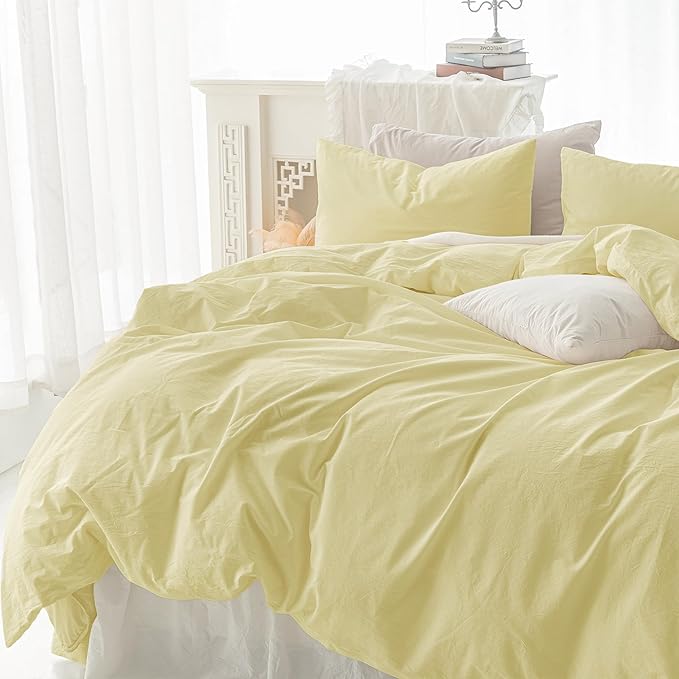 FOSSA Duvet Cover Set 100% Washed Cotton Linen Feel Super Soft Breathable Cozy 3 Pieces Bedding Sets Solid Pastel Yellow Queen